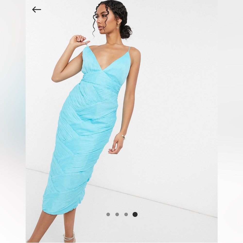 Blue ruched paneled cami midi dress